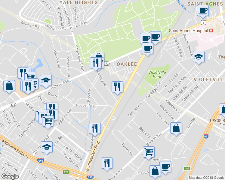 map of restaurants, bars, coffee shops, grocery stores, and more near 1003 Leeds Avenue in Baltimore