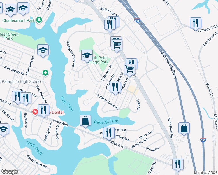 map of restaurants, bars, coffee shops, grocery stores, and more near 7849 Saint Claire Lane in Dundalk