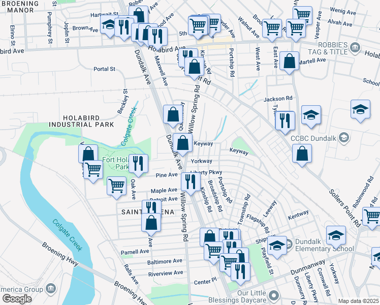 map of restaurants, bars, coffee shops, grocery stores, and more near 125 Willow Spring Road in Dundalk