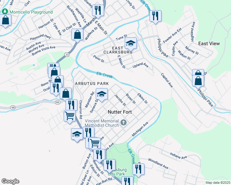 map of restaurants, bars, coffee shops, grocery stores, and more near 603 W Virginia Ave in Nutter Fort