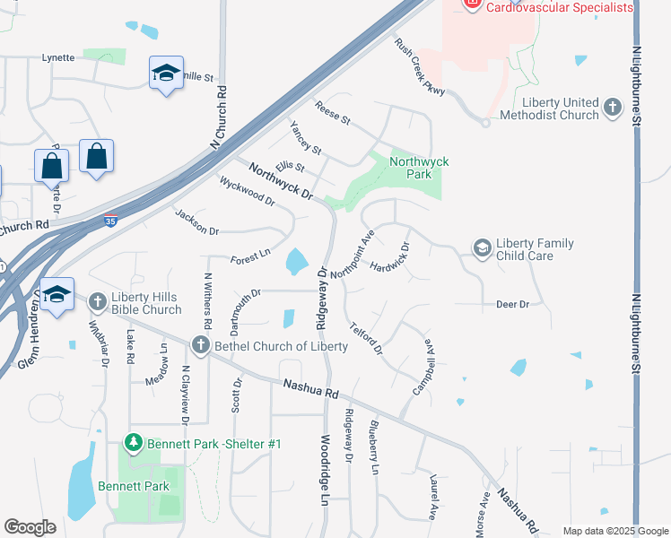 map of restaurants, bars, coffee shops, grocery stores, and more near 732 Northpoint Avenue in Liberty