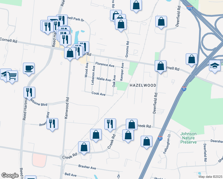 map of restaurants, bars, coffee shops, grocery stores, and more near 11059 Oak Avenue in Cincinnati