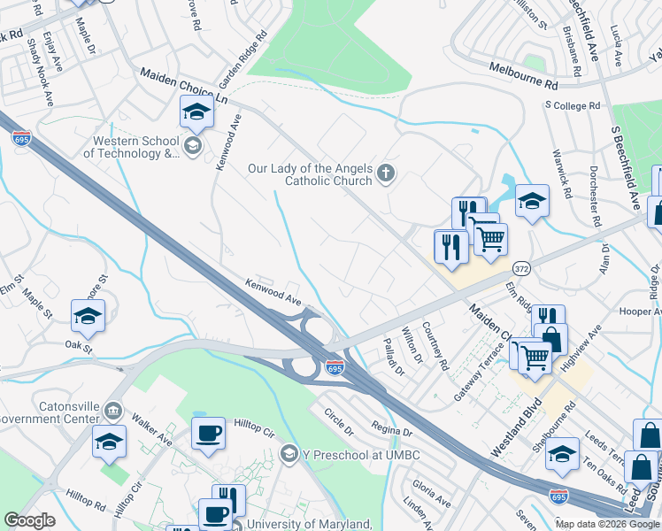map of restaurants, bars, coffee shops, grocery stores, and more near 742 Wilton Farm Drive in Catonsville