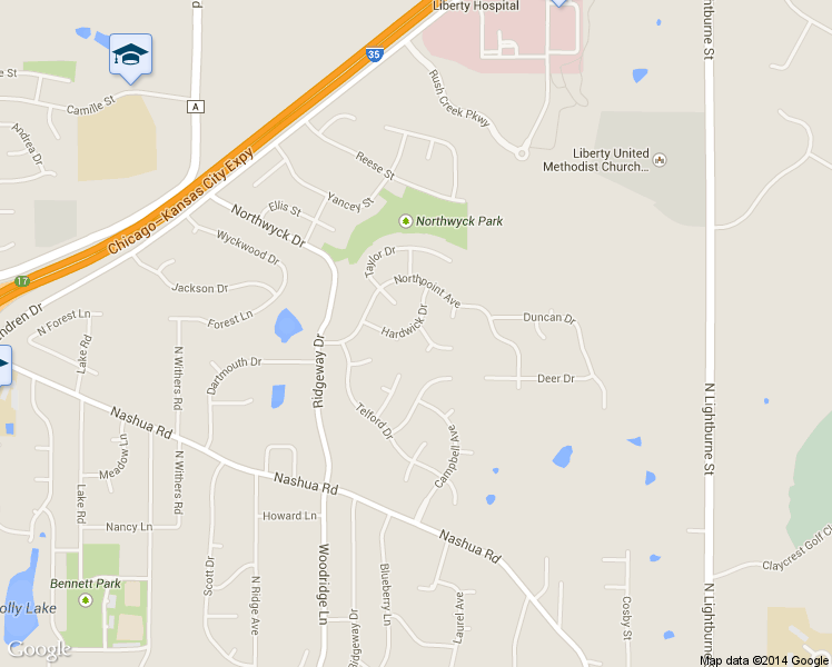 map of restaurants, bars, coffee shops, grocery stores, and more near 1515 Hardwick Drive in Liberty