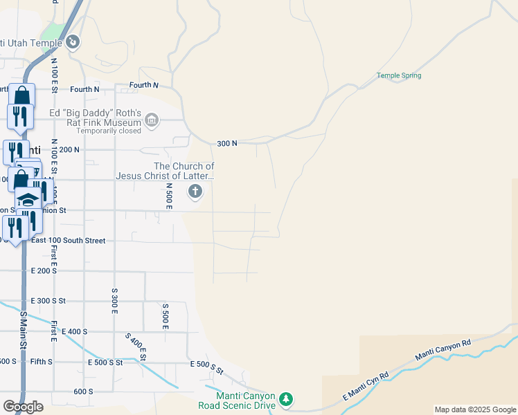 map of restaurants, bars, coffee shops, grocery stores, and more near 765 East Union Street in Manti