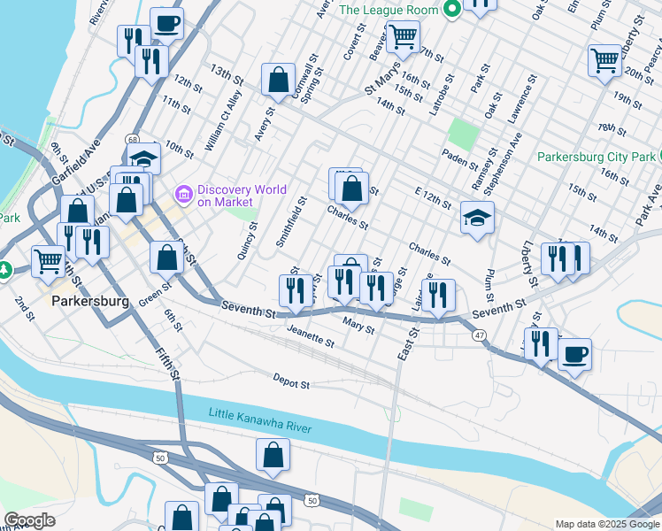 map of restaurants, bars, coffee shops, grocery stores, and more near 920 Lynn Street in Parkersburg