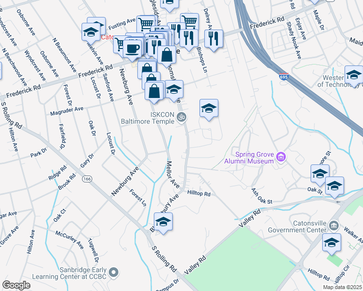 map of restaurants, bars, coffee shops, grocery stores, and more near 210 Bloomsbury Avenue in Catonsville