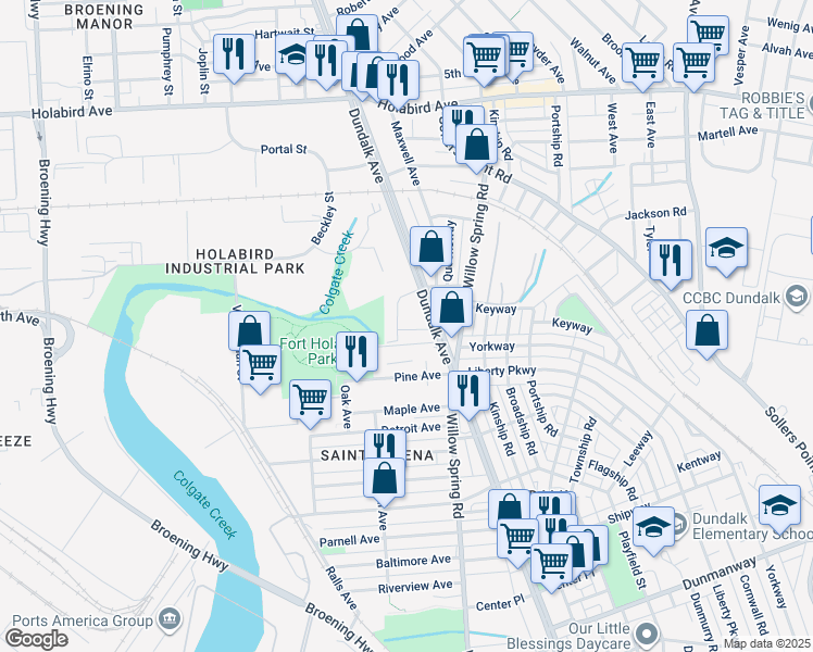 map of restaurants, bars, coffee shops, grocery stores, and more near 6600 Woods Parkway in Dundalk
