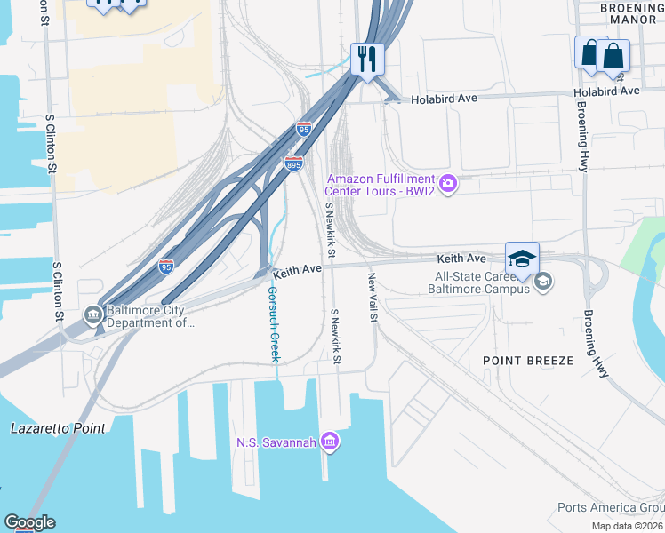 map of restaurants, bars, coffee shops, grocery stores, and more near Keith Avenue in Baltimore