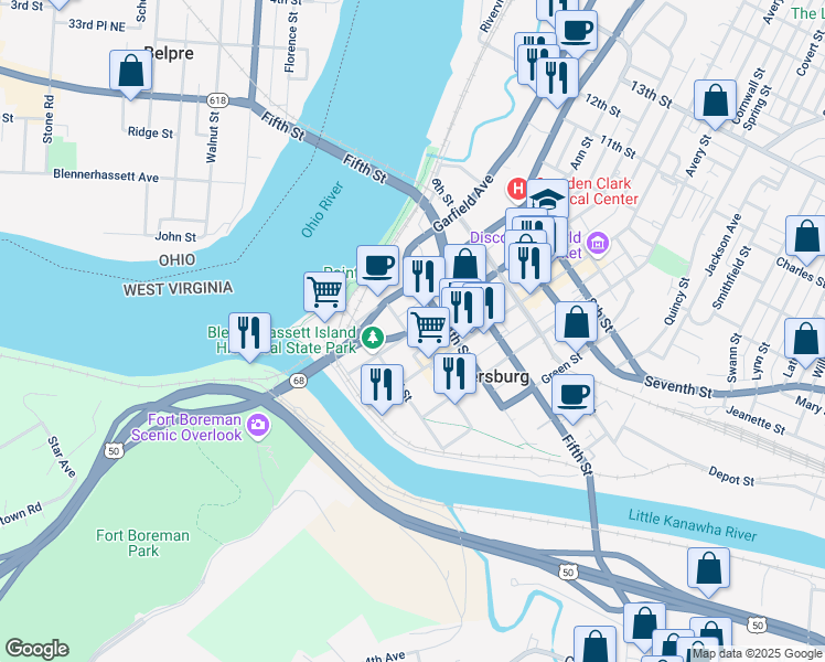 map of restaurants, bars, coffee shops, grocery stores, and more near in Parkersburg