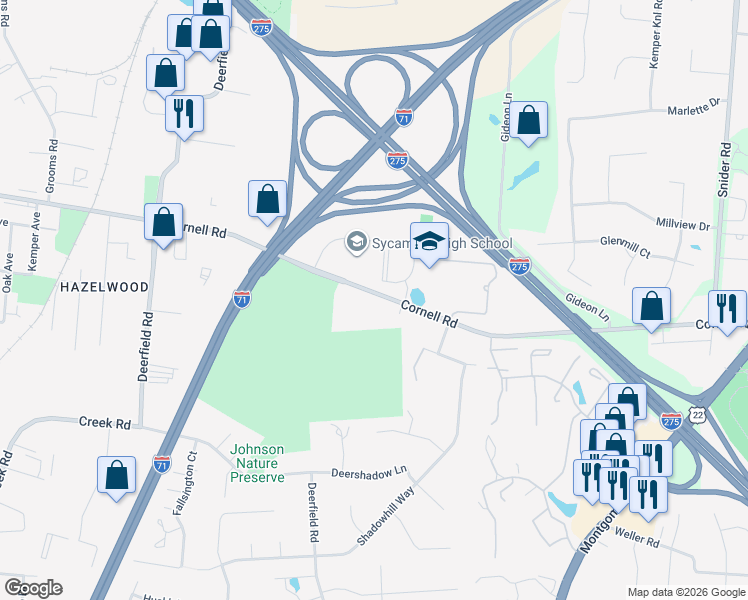 map of restaurants, bars, coffee shops, grocery stores, and more near 7427 Cornell Road in Cincinnati