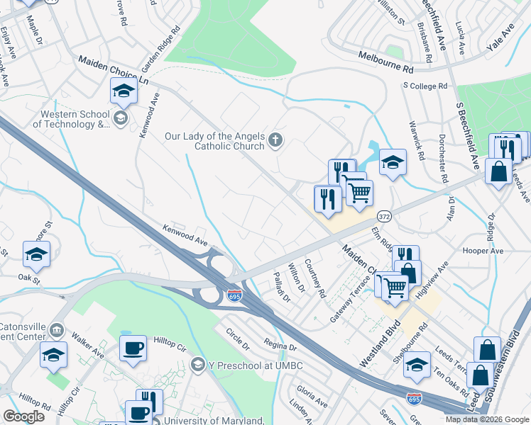 map of restaurants, bars, coffee shops, grocery stores, and more near 30 Winslow Park Drive in Catonsville