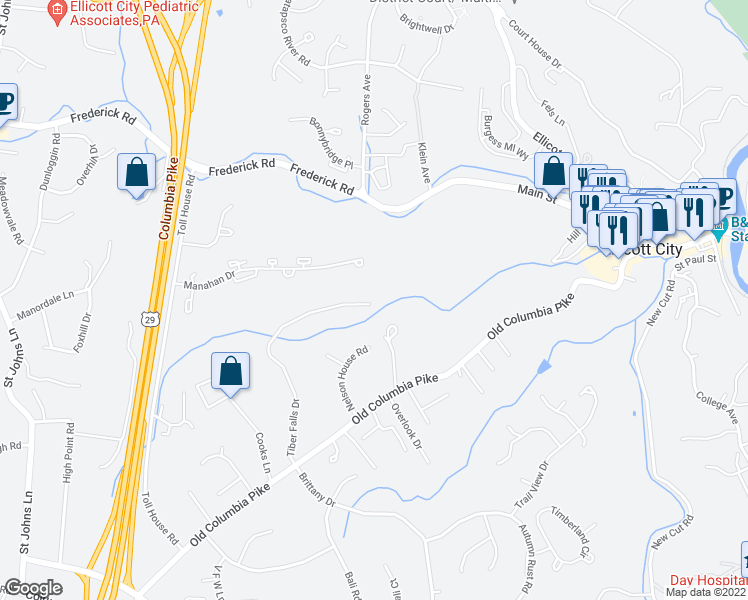 map of restaurants, bars, coffee shops, grocery stores, and more near 4165 Tiber Falls Drive in Ellicott City
