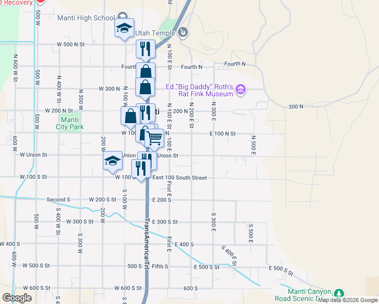 map of restaurants, bars, coffee shops, grocery stores, and more near 47 North 200 East in Manti