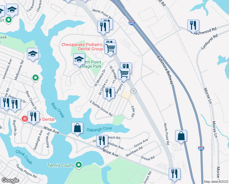 map of restaurants, bars, coffee shops, grocery stores, and more near 7902 Saint Gregory Drive in Dundalk