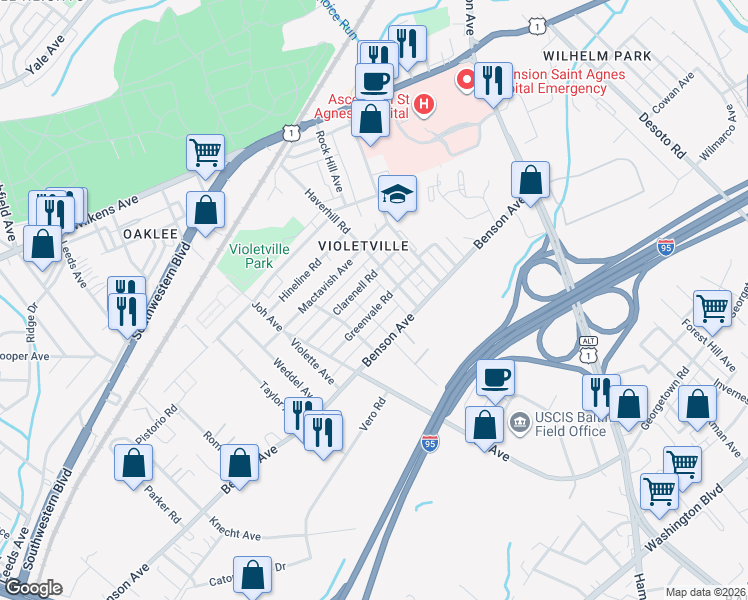 map of restaurants, bars, coffee shops, grocery stores, and more near 3624 Greenvale Road in Baltimore