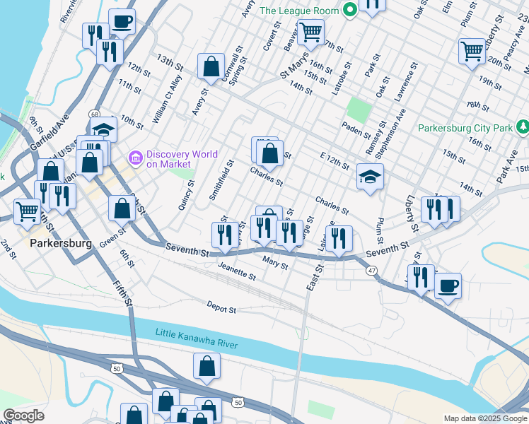 map of restaurants, bars, coffee shops, grocery stores, and more near 920 Lynn Street in Parkersburg