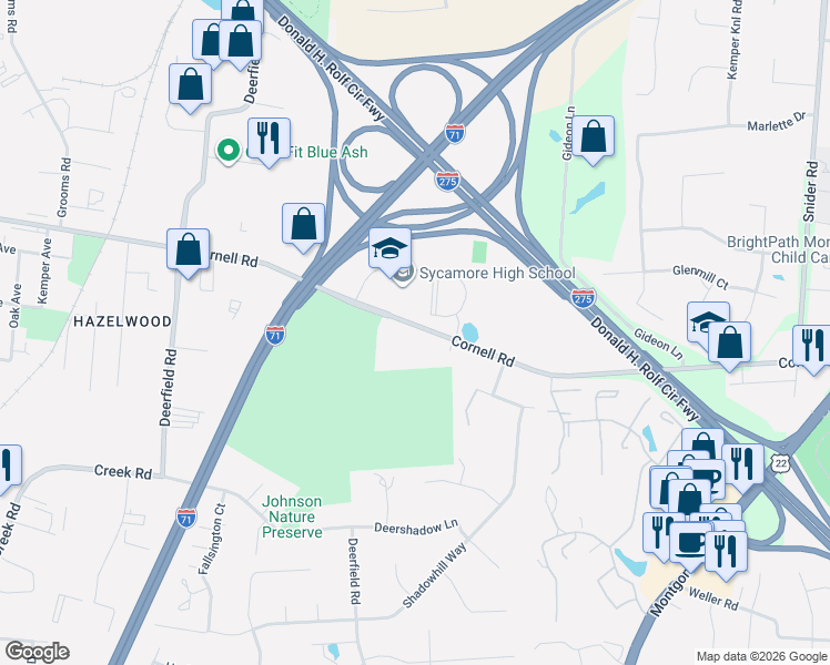 map of restaurants, bars, coffee shops, grocery stores, and more near 7427 Cornell Road in Cincinnati