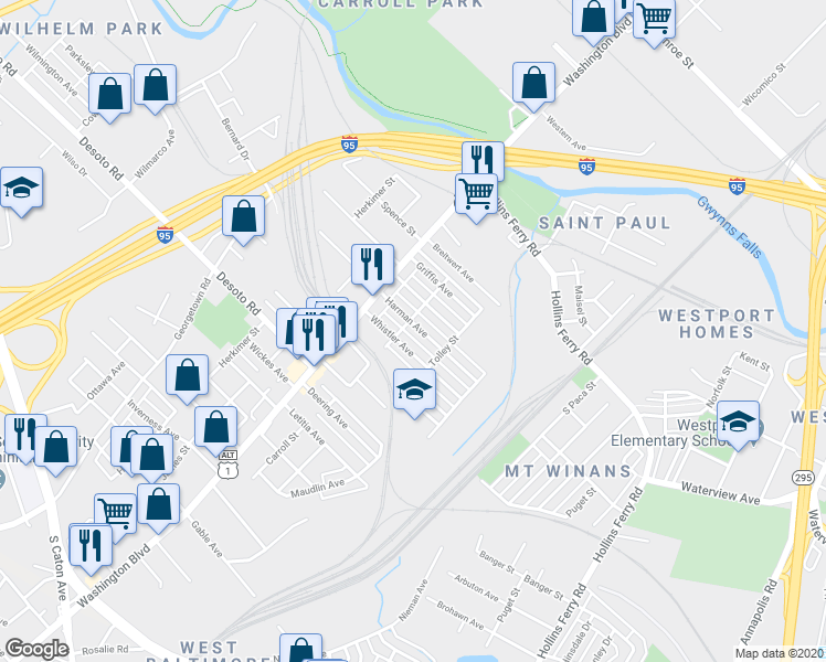 map of restaurants, bars, coffee shops, grocery stores, and more near 2010 Harman Avenue in Baltimore