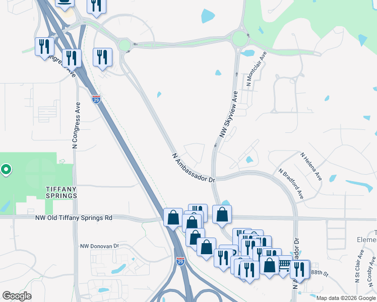 map of restaurants, bars, coffee shops, grocery stores, and more near 9641 North Ambassador Drive in Kansas City