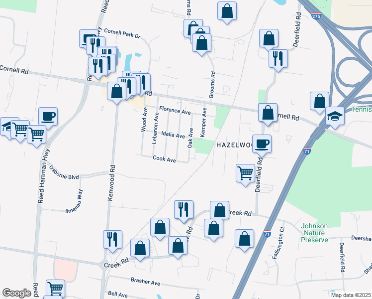 map of restaurants, bars, coffee shops, grocery stores, and more near 11059 Oak Avenue in Cincinnati