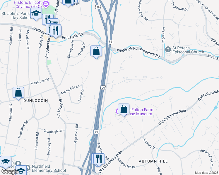map of restaurants, bars, coffee shops, grocery stores, and more near 8877 Manahan Drive in Ellicott City