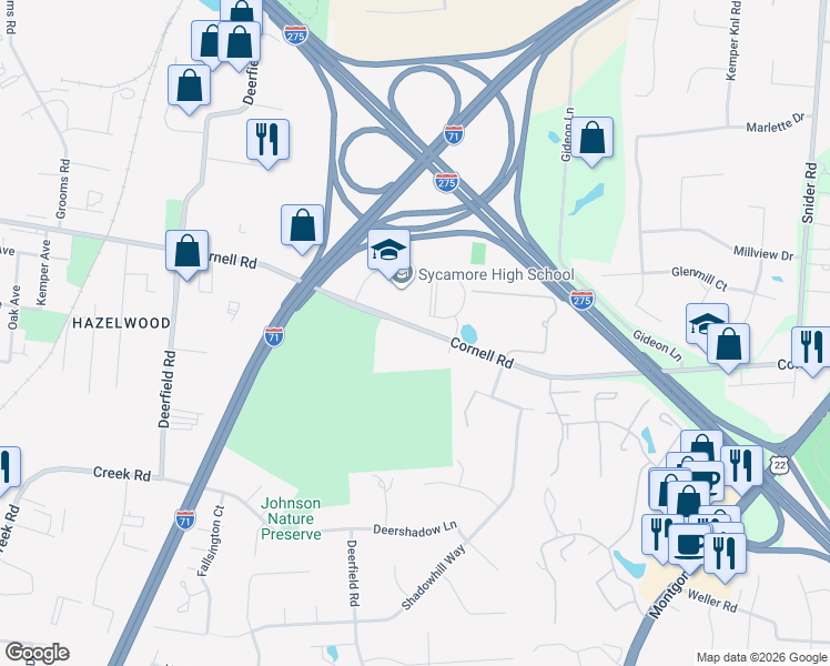 map of restaurants, bars, coffee shops, grocery stores, and more near 7427 Cornell Road in Cincinnati