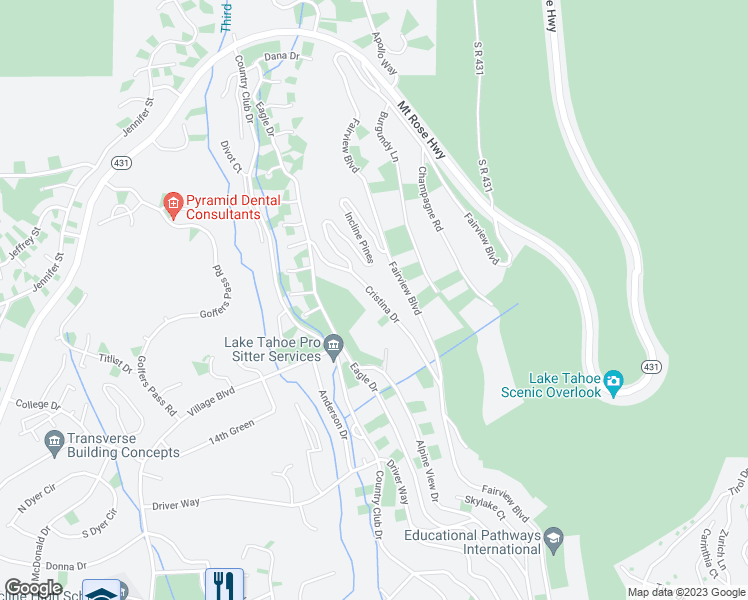 map of restaurants, bars, coffee shops, grocery stores, and more near 707 Cristina Drive in Incline Village