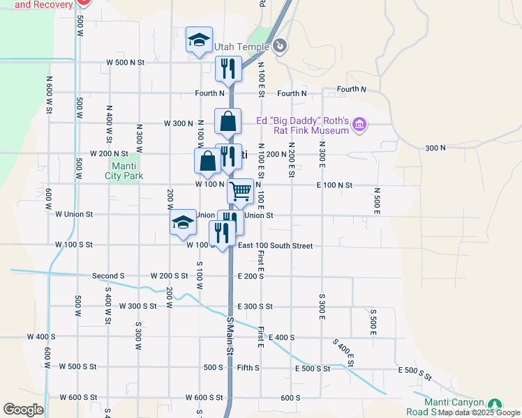map of restaurants, bars, coffee shops, grocery stores, and more near 123 East Union Street in Manti