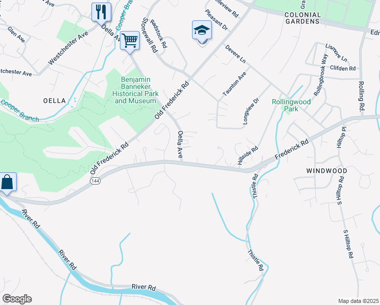 map of restaurants, bars, coffee shops, grocery stores, and more near 11 Oella Avenue in Catonsville