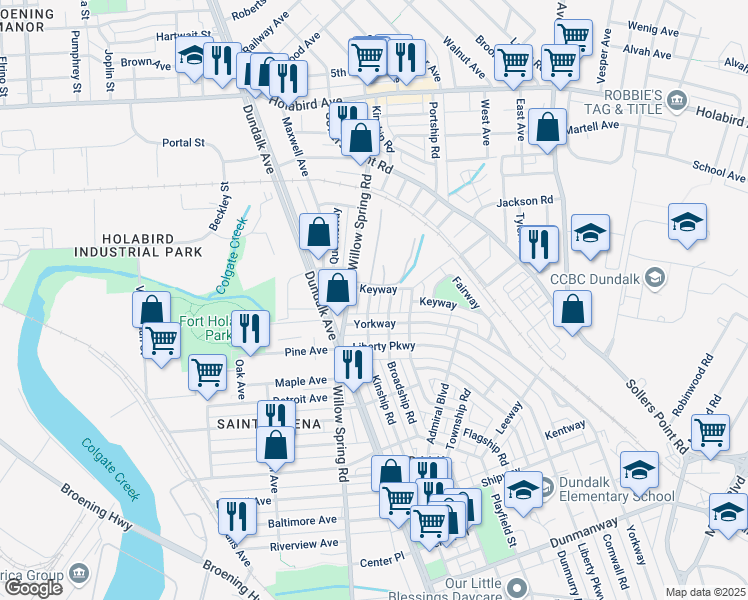 map of restaurants, bars, coffee shops, grocery stores, and more near 119 Kinship Road in Dundalk