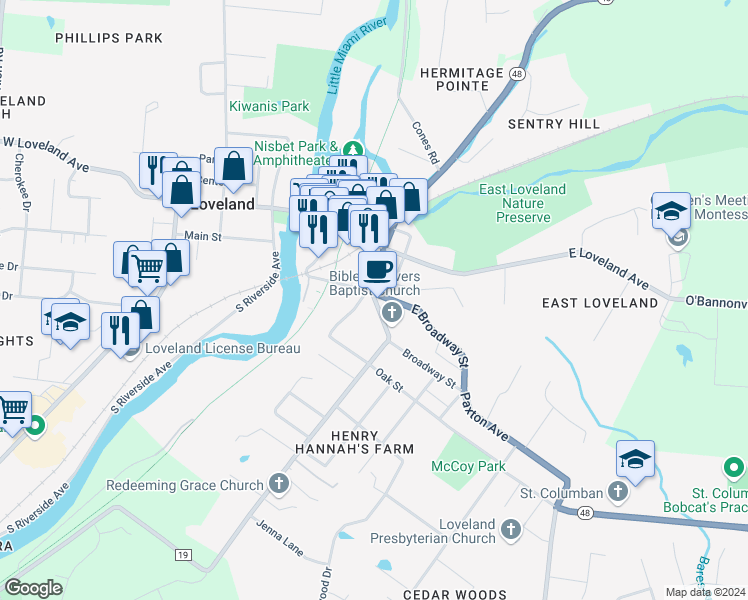 map of restaurants, bars, coffee shops, grocery stores, and more near 114 Broadway Street in Loveland