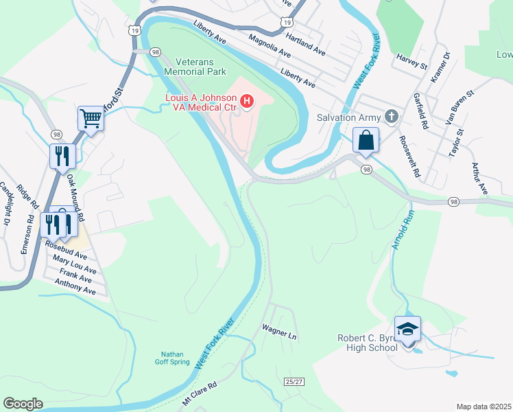 map of restaurants, bars, coffee shops, grocery stores, and more near 149 Mount Clare Road in Clarksburg