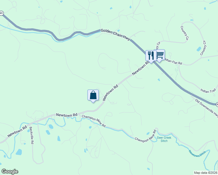 map of restaurants, bars, coffee shops, grocery stores, and more near 10402 Newtown Road in Nevada City