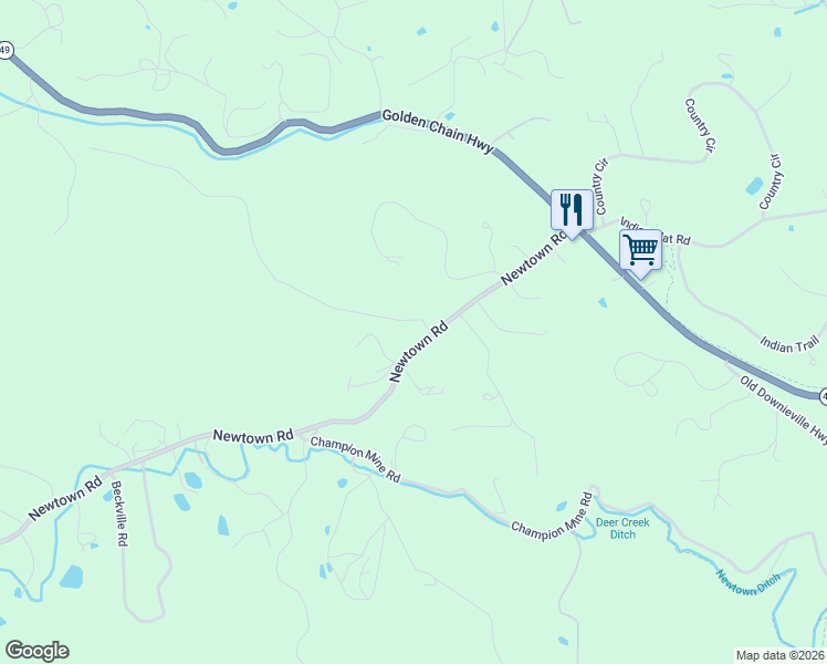 map of restaurants, bars, coffee shops, grocery stores, and more near 10402 Newtown Road in Nevada City