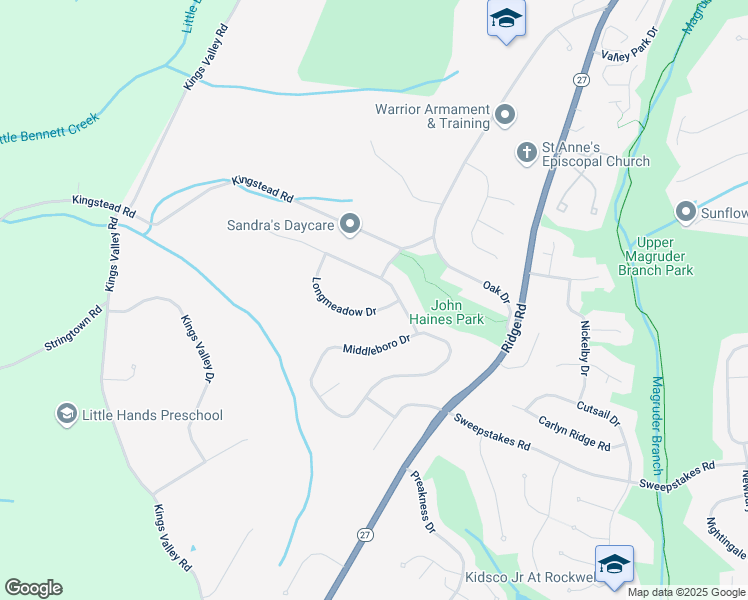 map of restaurants, bars, coffee shops, grocery stores, and more near 10809 Longmeadow Drive in Damascus