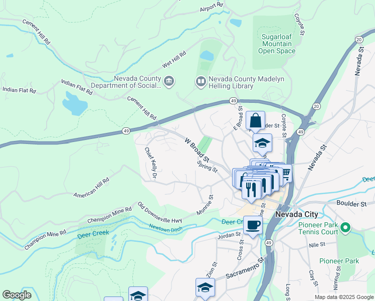map of restaurants, bars, coffee shops, grocery stores, and more near 200 Redbud Way in Nevada City