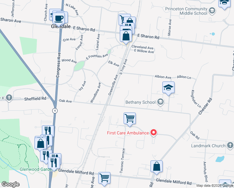 map of restaurants, bars, coffee shops, grocery stores, and more near 750 South Troy Avenue in Cincinnati
