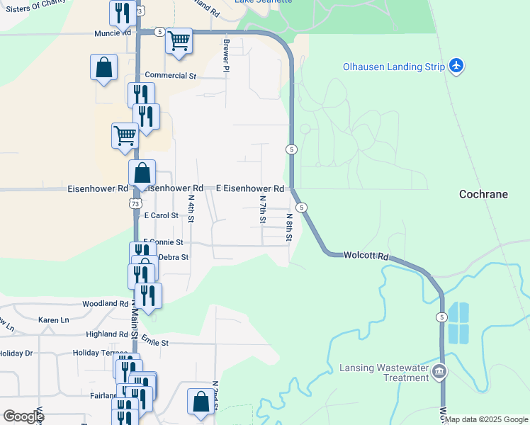 map of restaurants, bars, coffee shops, grocery stores, and more near 707 East Carol Street in Lansing