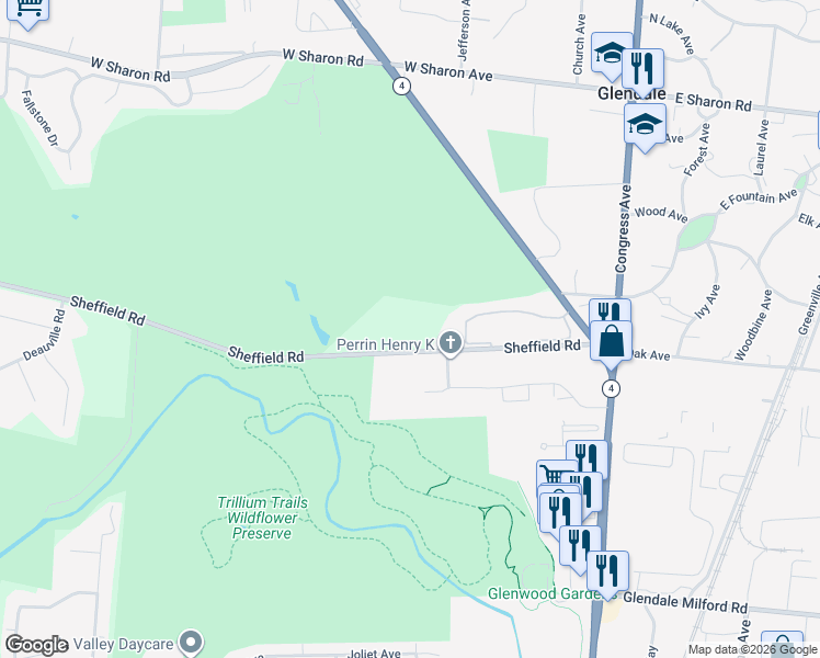 map of restaurants, bars, coffee shops, grocery stores, and more near 168 Sheffield Road in Cincinnati
