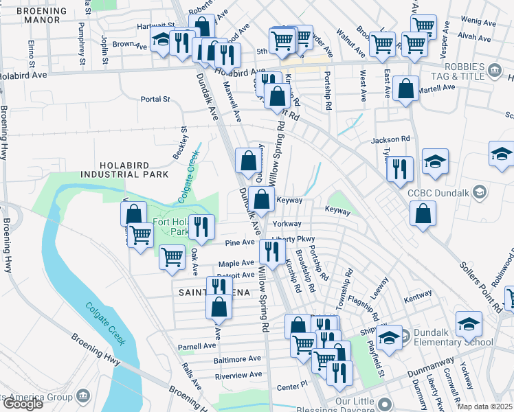 map of restaurants, bars, coffee shops, grocery stores, and more near 2123 Dundalk Avenue in Dundalk