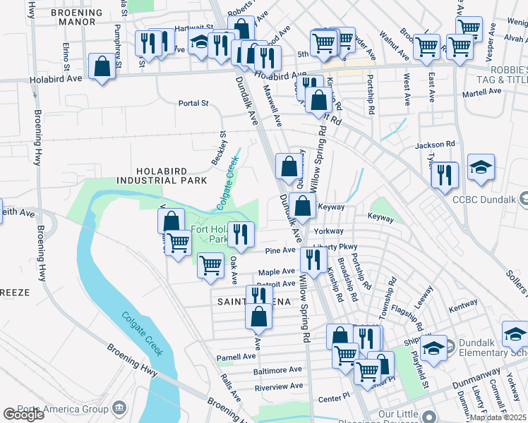 map of restaurants, bars, coffee shops, grocery stores, and more near 2118 Cameron Drive in Dundalk