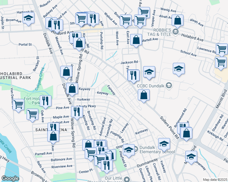 map of restaurants, bars, coffee shops, grocery stores, and more near 2447 Fairway in Dundalk