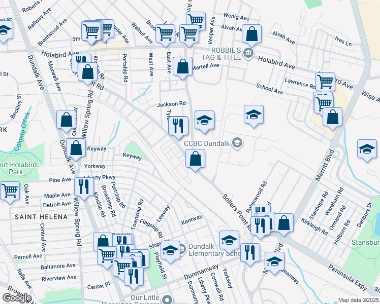 map of restaurants, bars, coffee shops, grocery stores, and more near 7108 Sollers Point Road in Dundalk