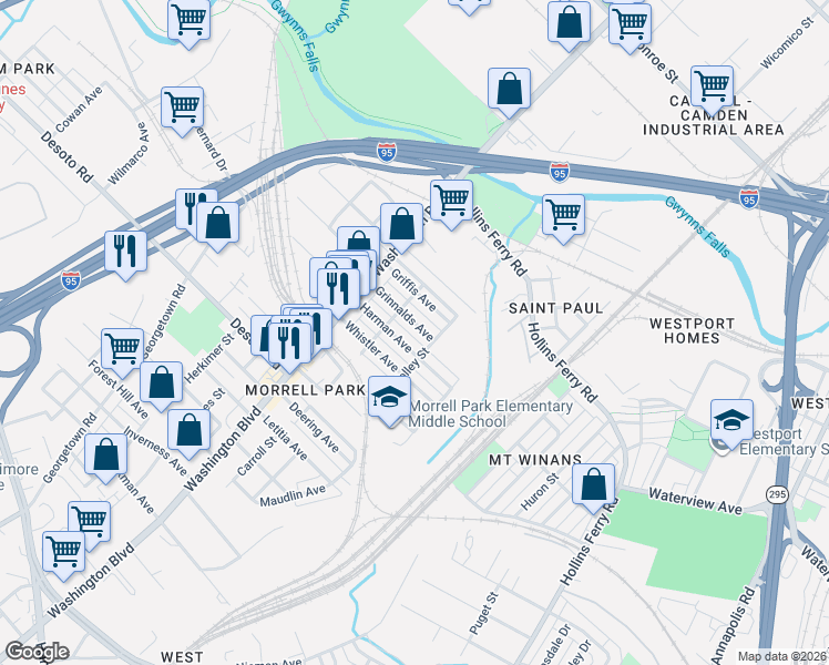 map of restaurants, bars, coffee shops, grocery stores, and more near 2030 Grinnalds Avenue in Baltimore