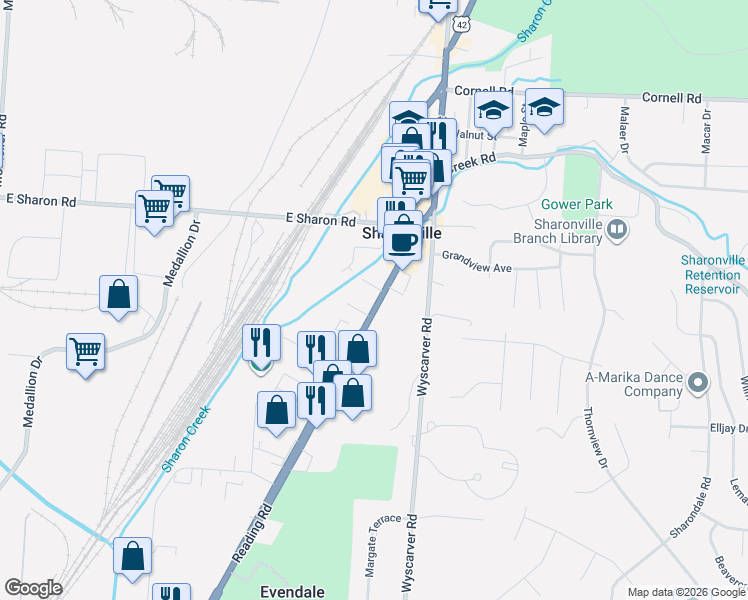 map of restaurants, bars, coffee shops, grocery stores, and more near 10900 Reading Road in Sharonville