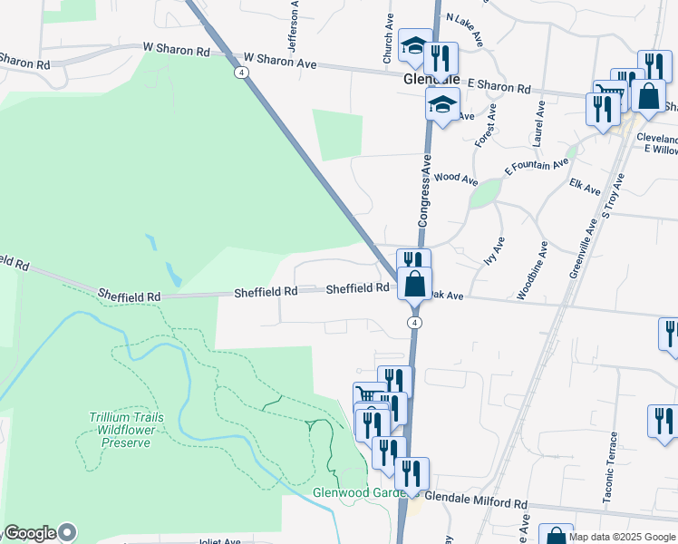 map of restaurants, bars, coffee shops, grocery stores, and more near 54 Sheffield Road in Cincinnati