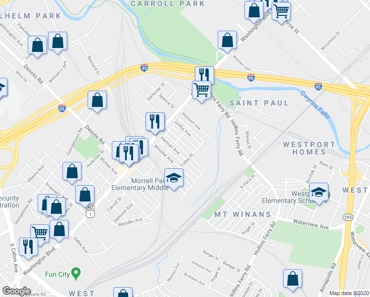 map of restaurants, bars, coffee shops, grocery stores, and more near 2030 Grinnalds Avenue in Baltimore