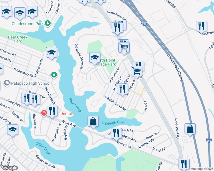 map of restaurants, bars, coffee shops, grocery stores, and more near 7842 Saint Boniface Lane in Dundalk