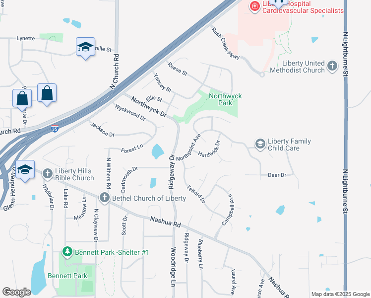map of restaurants, bars, coffee shops, grocery stores, and more near 732 Northpoint Avenue in Liberty